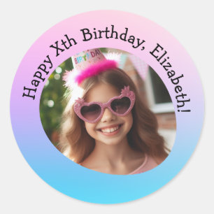 Custom Photo Name & Age Happy Birthday Gradient  Classic Round Sticker
