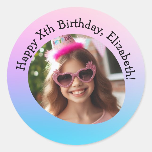Custom Photo Name & Age Happy Birthday Gradient  Classic Round Sticker (Front)