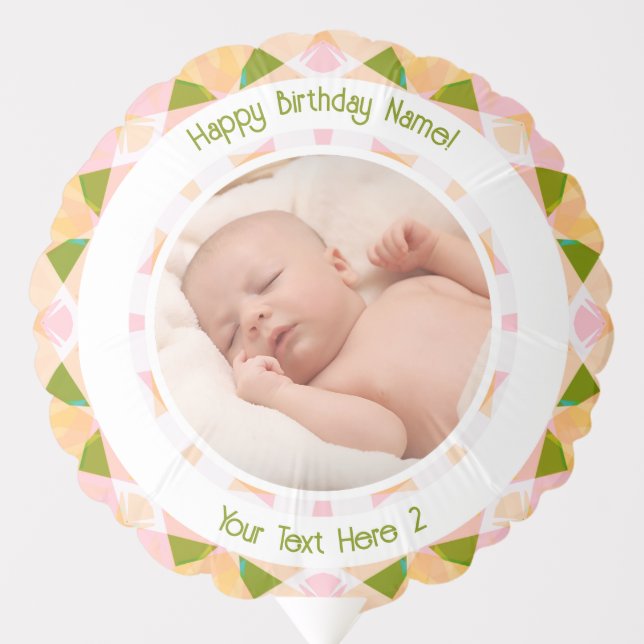 Custom Photo Name Age Pink Green Birthday Star Balloon (Front)