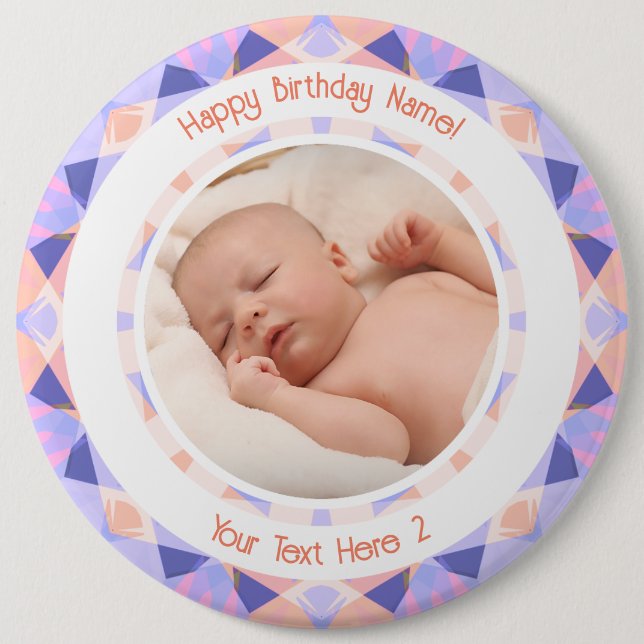 Custom Photo Name Age Pink Purple Birthday Star Button (Front)