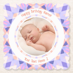 Custom Photo Name Age Pink Purple Birthday Star Paper Coaster