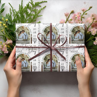 Custom Photo Name And Date Stylish Floral Wedding Wrapping Paper