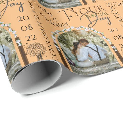 Custom Photo Name and Date Stylish Wedding Wrapping Paper