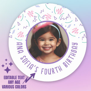 Custom Photo Name Any Age Birthday 90s Pattern Classic Round Sticker