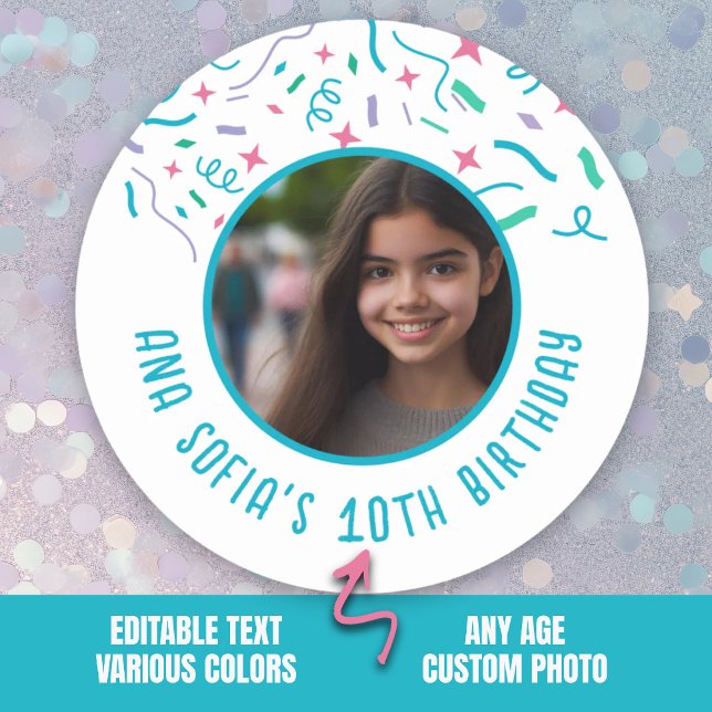 Custom Photo Name Any Age Confetti Birthday  Classic Round Sticker (Custom Photo Name Any Age Confetti Birthday Classic Round Sticker.)