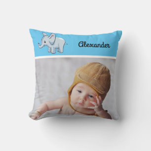 Custom Photo & Name/Baby Blue Elephant Throw Pillow