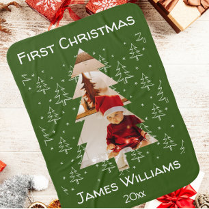Custom Photo Name Baby's First Christmas Green Baby Blanket