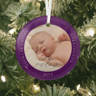 Custom Photo Name Baby's First Purple Christmas Glass Ornament