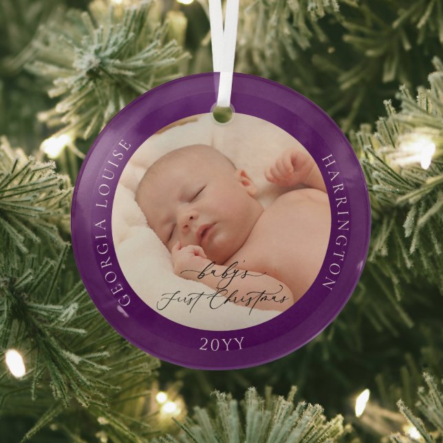 Custom Photo Name Baby's First Purple Christmas Glass Ornament (Insitu)