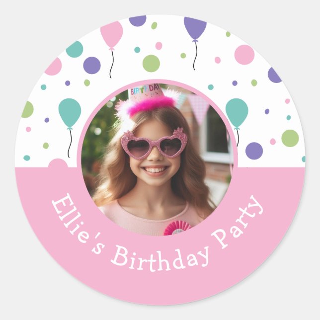 Custom Photo Name Balloon Confetti Birthday Party Classic Round Sticker (Front)