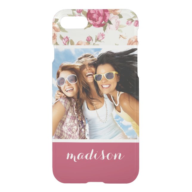Custom Photo & Name Beautiful Peony Pattern Uncommon iPhone Case (Back)