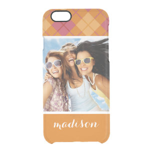Custom Photo & Name Bias Plaid in Orange and Pink Clear iPhone 6/6S Case