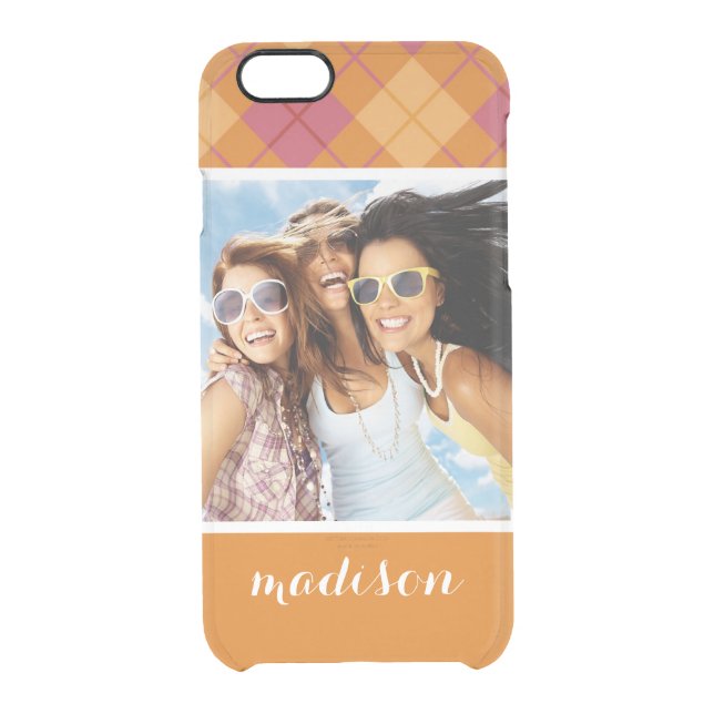 Custom Photo & Name Bias Plaid in Orange and Pink Uncommon iPhone Case (Back)