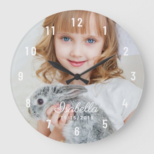 Custom Photo Name Birth Date White Large Clock