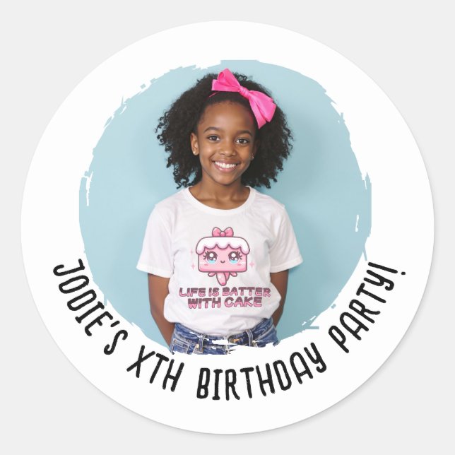 Custom Photo Name Birthday Party Any Age Classic Round Sticker (Front)