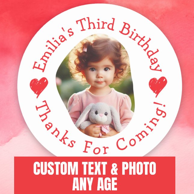 Custom Photo Name Birthday Thank You Favors Classic Round Sticker (Custom Photo Name Birthday Thank You Favors Classic Round Sticker.)