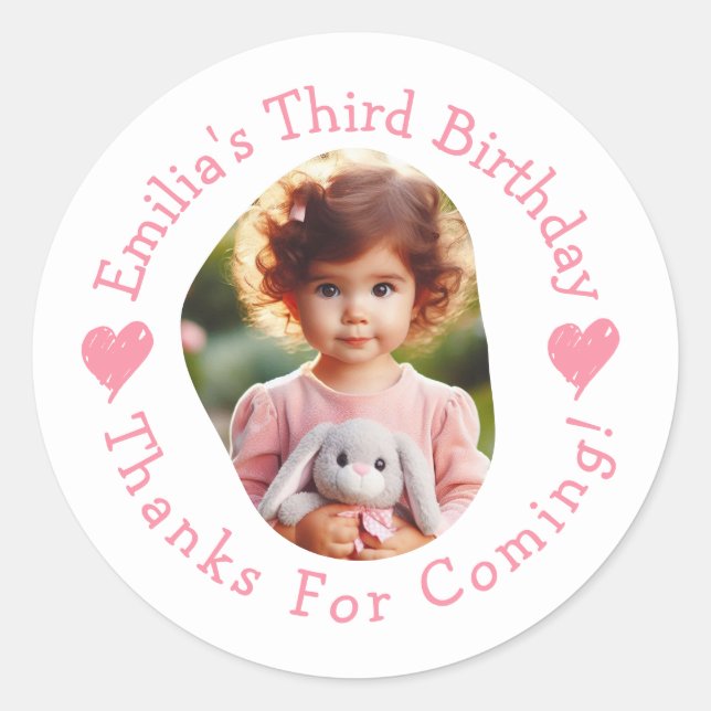 Custom Photo Name Birthday Thank You Favors Classic Round Sticker (Front)
