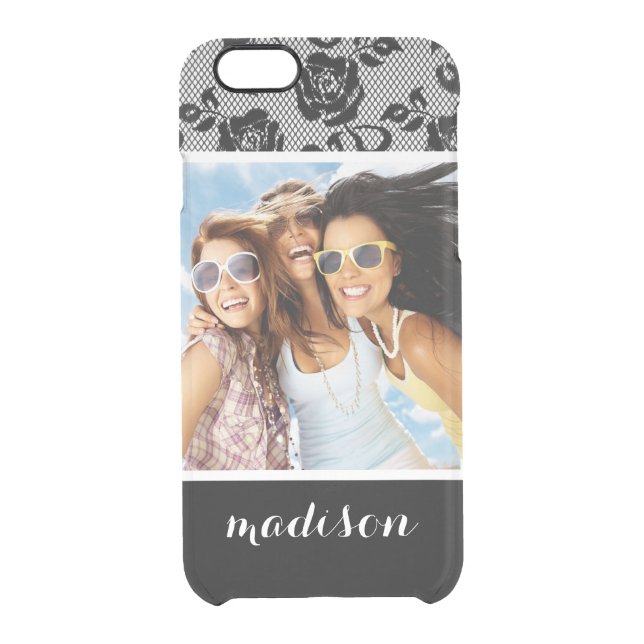 Custom Photo & Name Black lace pattern Uncommon iPhone Case (Back)
