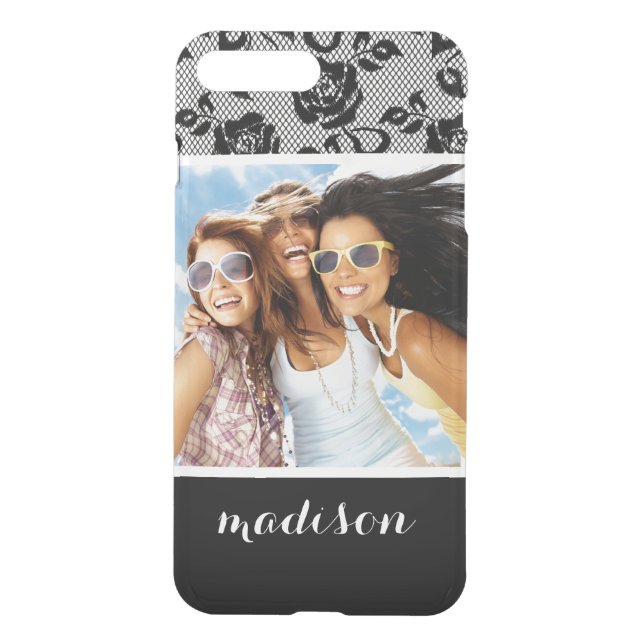 Custom Photo & Name Black lace pattern Uncommon iPhone Case (Back)