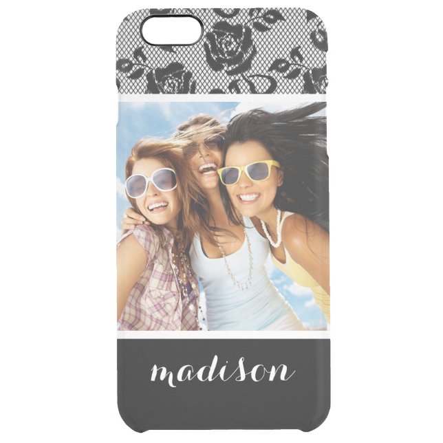 Custom Photo & Name Black lace pattern Uncommon iPhone Case (Back)