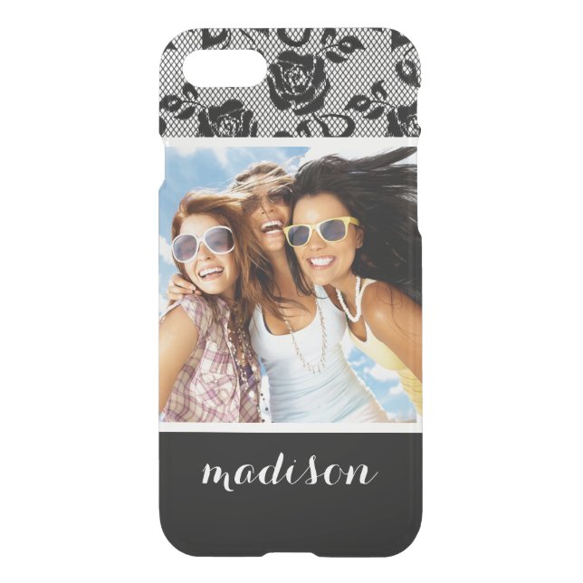 Custom Photo & Name Black lace pattern Uncommon iPhone Case (Back)