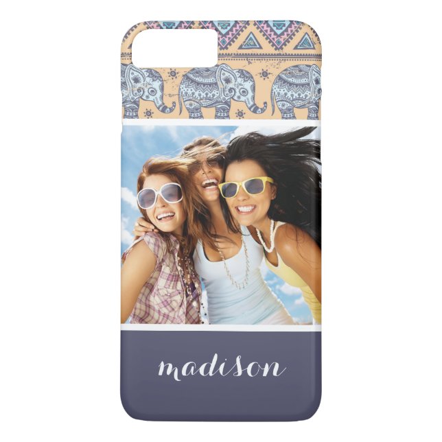 Custom Photo & Name Blue Elephant Tribal Pattern Case-Mate iPhone Case (Back)