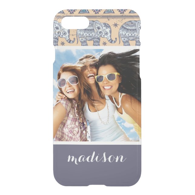 Custom Photo & Name Blue Elephant Tribal Pattern Uncommon iPhone Case (Back)