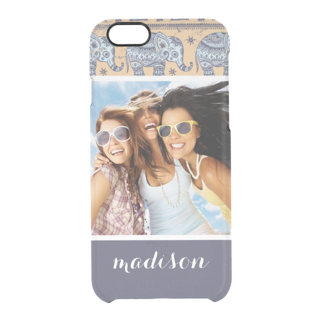 Custom Photo & Name Blue Elephant Tribal Pattern Uncommon iPhone Case (Back)