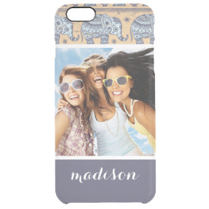 Custom Photo & Name Blue Elephant Tribal Pattern Clear iPhone 6 Plus Case