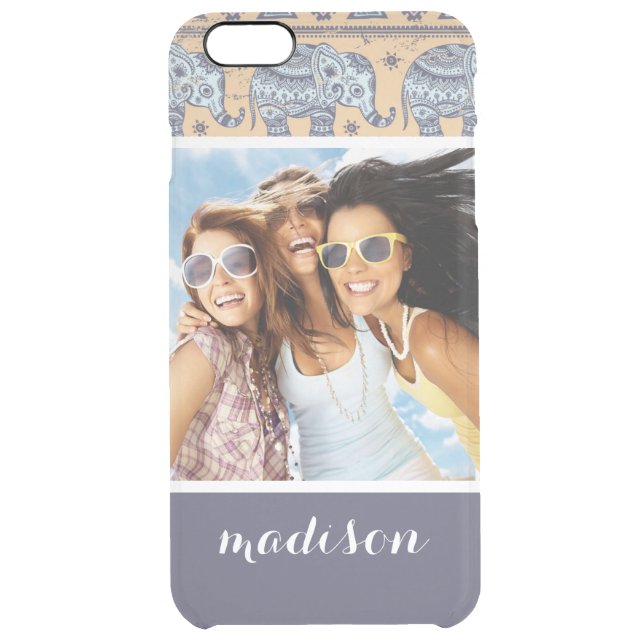 Custom Photo & Name Blue Elephant Tribal Pattern Uncommon iPhone Case (Back)