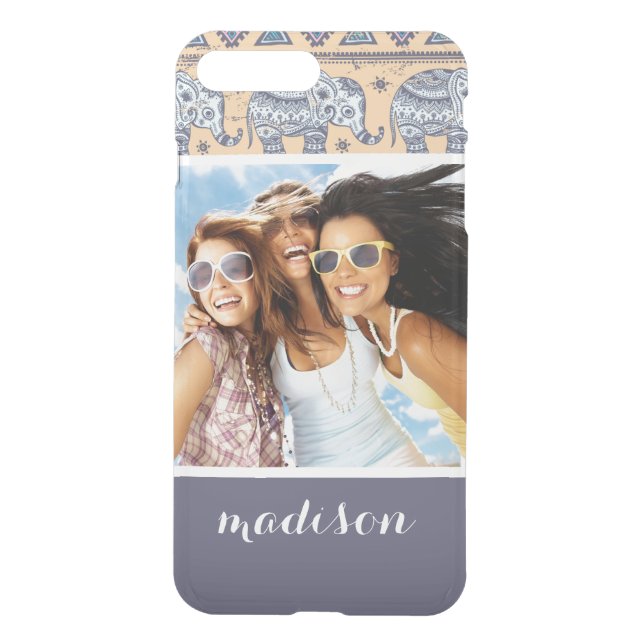 Custom Photo & Name Blue Elephant Tribal Pattern Uncommon iPhone Case (Back)