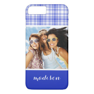 Custom Photo & Name Blue White Plaid 2 iPhone 8 Plus/7 Plus Case