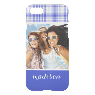 Custom Photo & Name Blue White Plaid 2 iPhone SE/8/7 Case