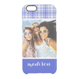 Custom Photo & Name Blue White Plaid 2 Clear iPhone 6/6S Case