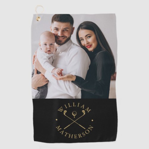 Custom Photo Name Clubs And Ball Black And Gold Golf Towel