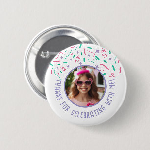 Custom Photo Name Confetti Birthday Thank You Button