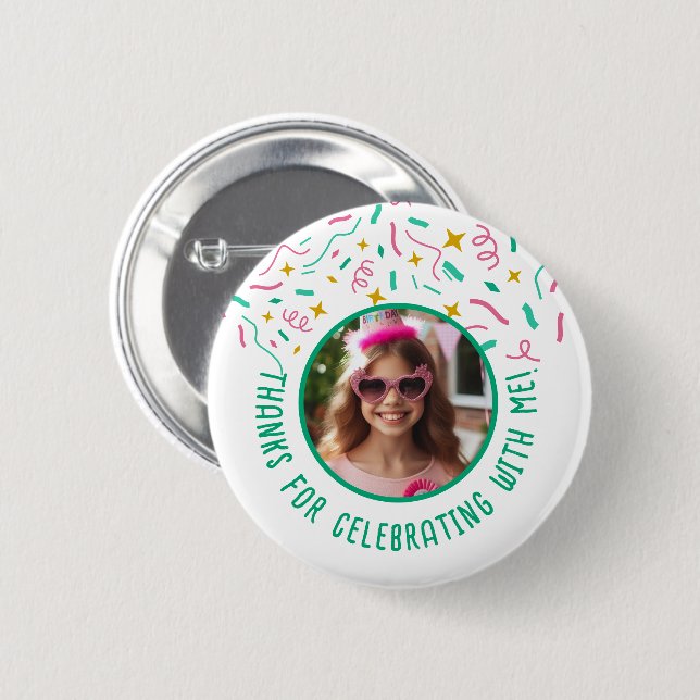 Custom Photo Name Confetti Birthday Thank You  Button (Front & Back)
