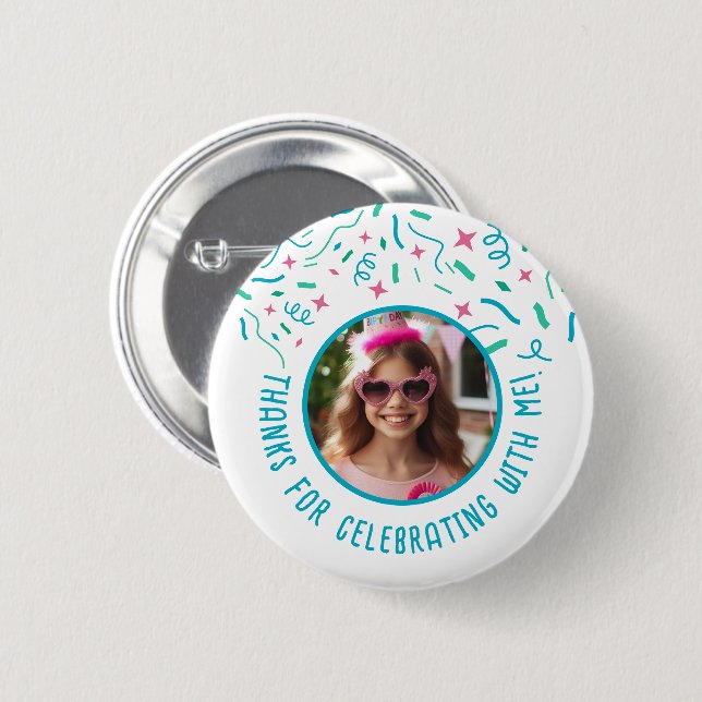 Custom Photo Name Confetti Birthday Thank You  Button (Front & Back)