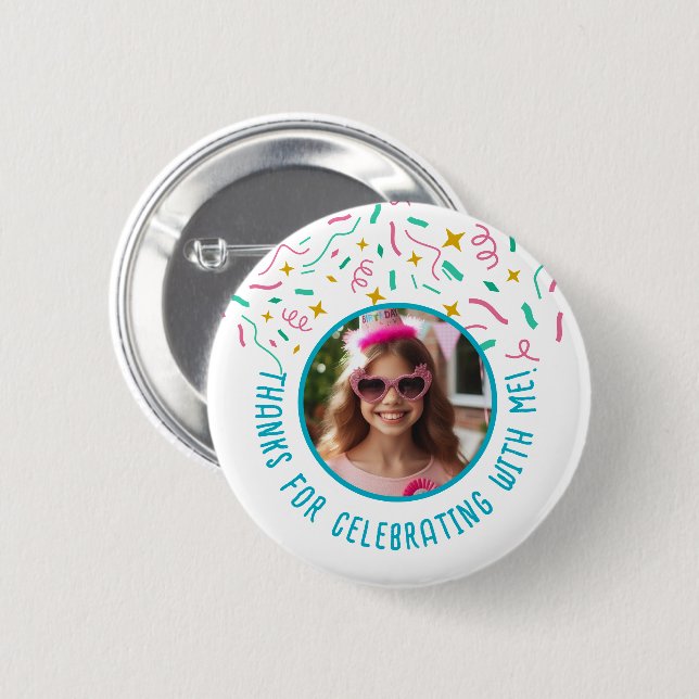 Custom Photo Name Confetti Birthday Thank You  Button (Front & Back)