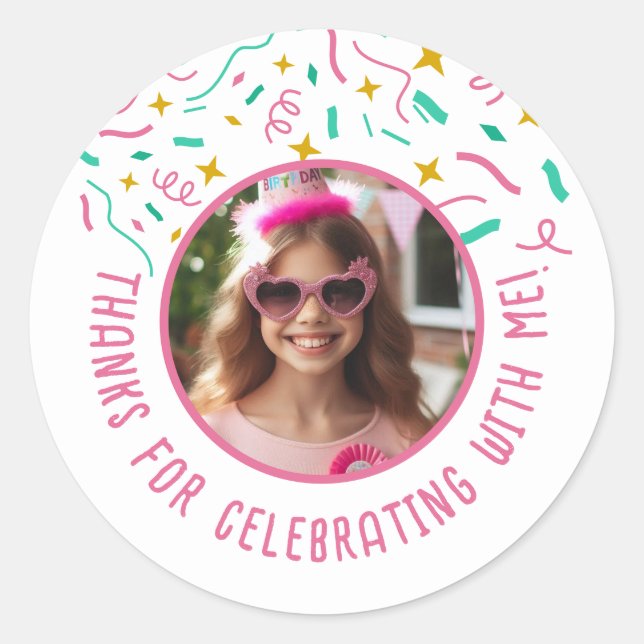 Custom Photo Name Confetti Birthday Thank You  Classic Round Sticker (Front)