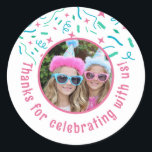 Custom Photo Name Confetti Birthday Thank You  Classic Round Sticker<br><div class="desc">These festive stickers make the perfect party favors or thank you expressions for celebrating birthdays. Personalize with the birthday siblings photo. You can also change the colors of the text.</div>