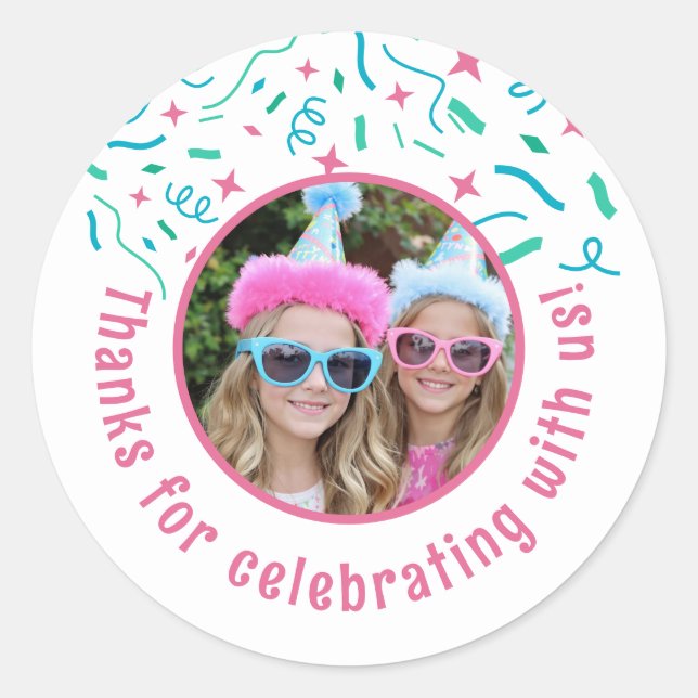 Custom Photo Name Confetti Birthday Thank You  Classic Round Sticker (Front)