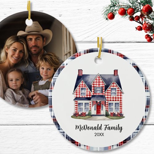 Custom Photo Name Countrty Gingham Red Christmas   Ceramic Ornament