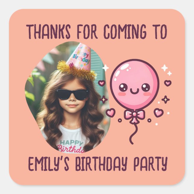 Custom Photo Name Cute Birthday Balloon Thank You Square Sticker (Front)