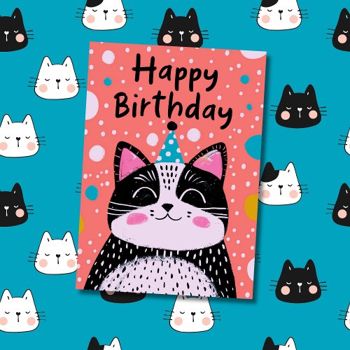 Custom Photo  Name  Cute Black Cat Illustration Card