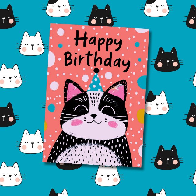 Custom Photo & Name | Cute Black Cat Illustration Card (Birthday Card with Kids Art)