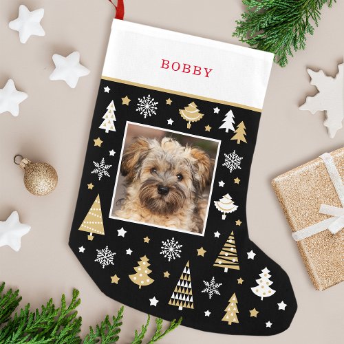 Custom Photo  Name Festive Black Small Christmas Stocking