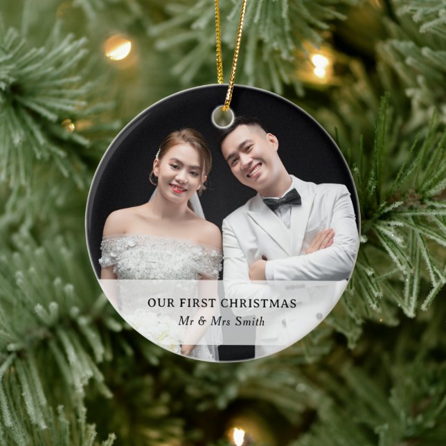 Custom Photo & Name First Christmas As Mr. & Mrs Ceramic Ornament (Tree)