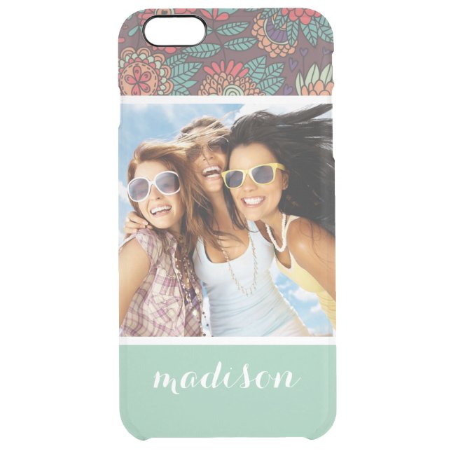 Custom Photo & Name floral cartoon pattern Uncommon iPhone Case (Back)