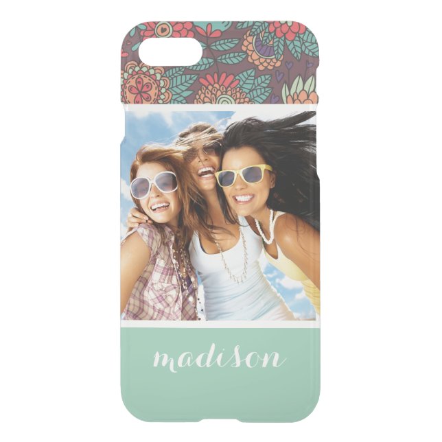 Custom Photo & Name floral cartoon pattern Uncommon iPhone Case (Back)